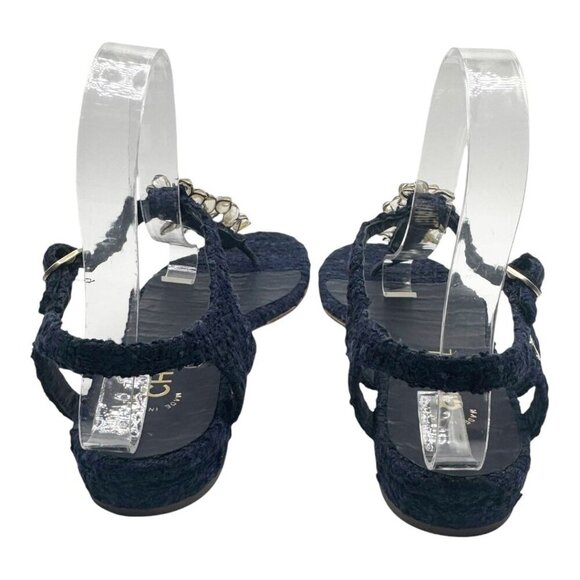 Chanel Sandals Women’s T-Strap Tweed Floral Camellia Navy Size 37 Karl Lagerfeld - Picture 4 of 7